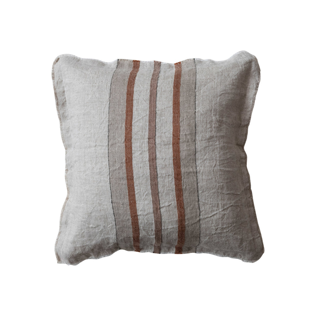 20" Square Woven Linen Pillow w/ Stripes, Cotton Slub Back & Fringe