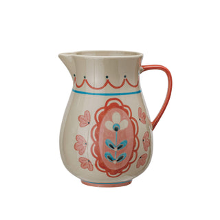 3 Quart Hand-Painted Stoneware Pitcher w/ Flowers ©