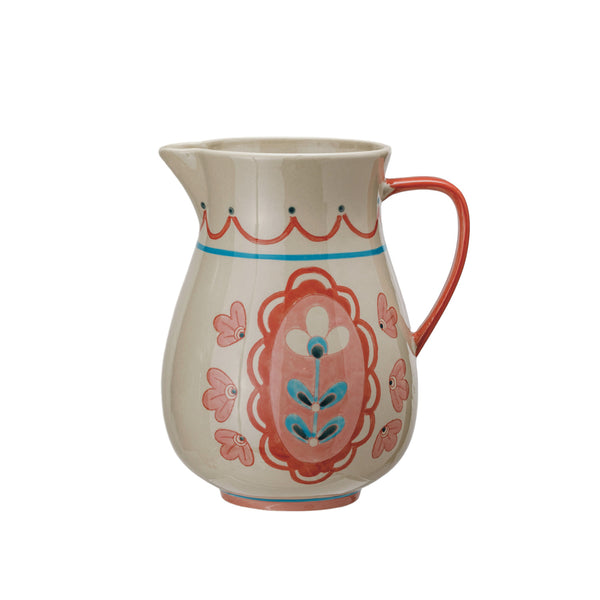 3 Quart Hand-Painted Stoneware Pitcher w/ Flowers ©