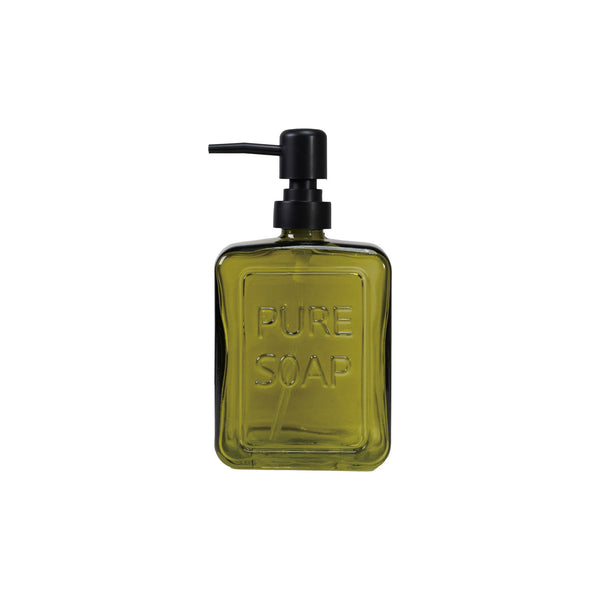 Pressed Glass Soap Dispenser with Pump "PURE SOAP", Olive Color