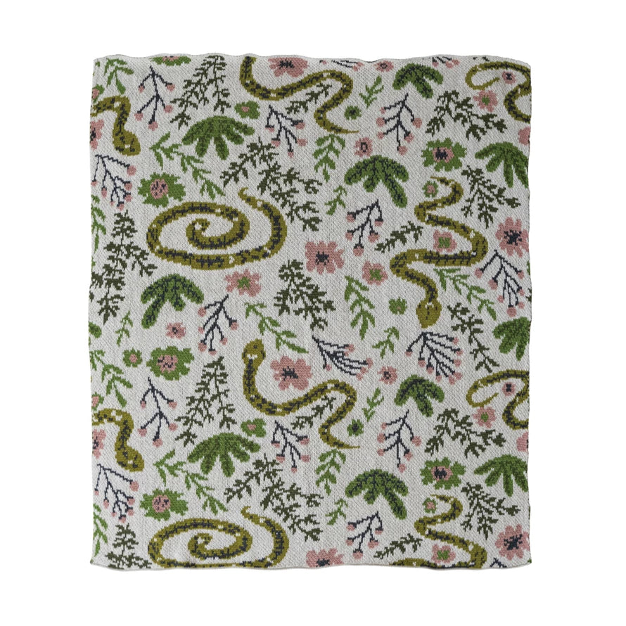 Cotton Knit Baby Blanket w Snakes & Florals