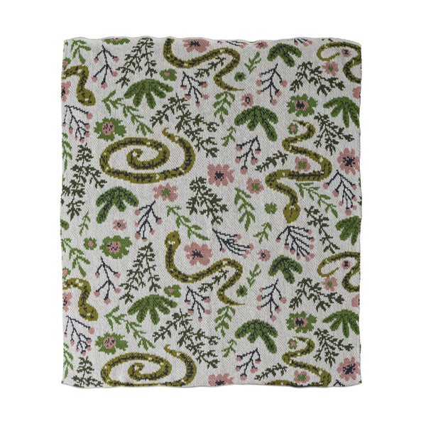 Cotton Knit Baby Blanket w Snakes & Florals