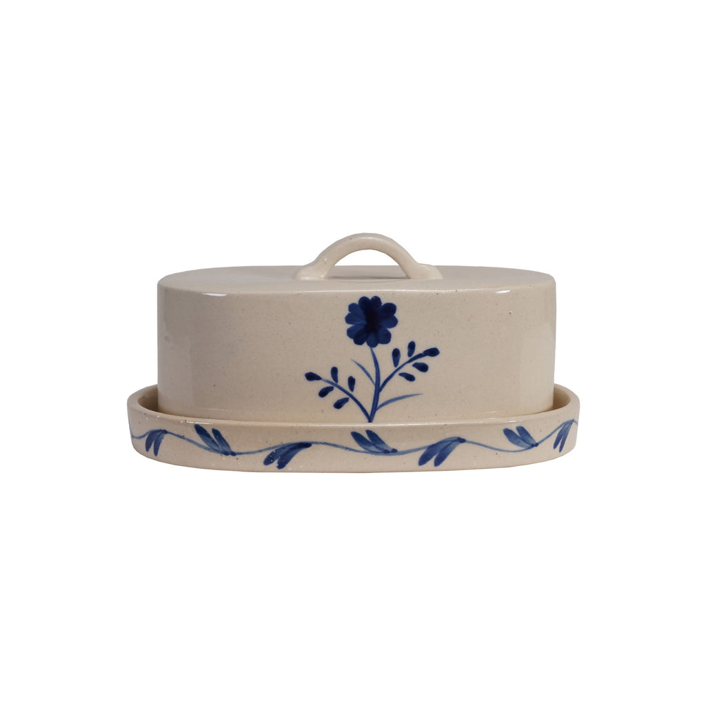 Hand-Painted Stoneware Butter Dish with Flower, Blue & White