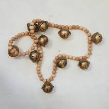 33" Wood bead and 3" Metal Bell Bunch, Antique Gold