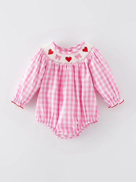 Valentine's Day Heart Bow Smocking Embroidery Pink Romper