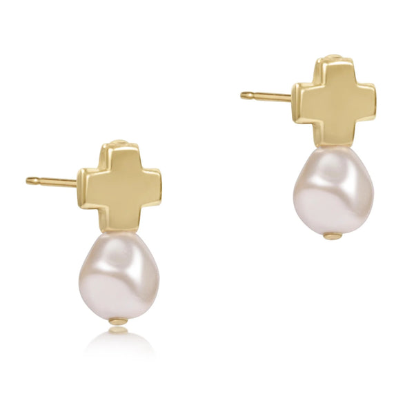Signature Cross Small Gold Stud - Classic Pearl