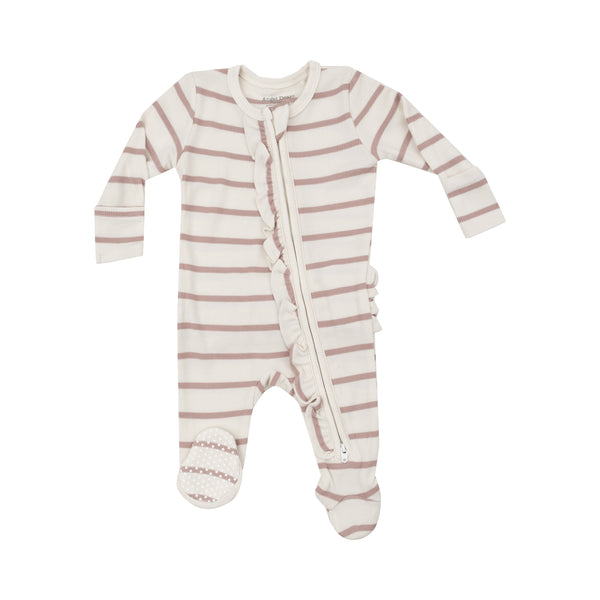 Ribbed Stripe Misty Rose 2 Way Ruffle Zipper Footie