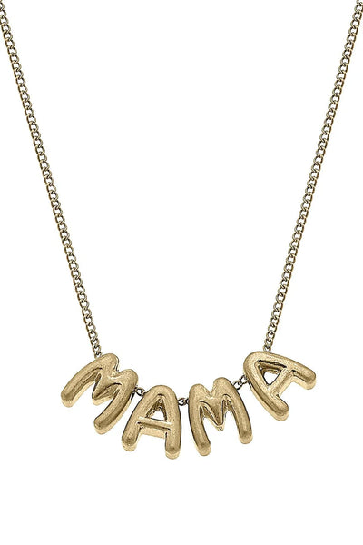 Mama Bubble Letter Necklace in Worn Gold