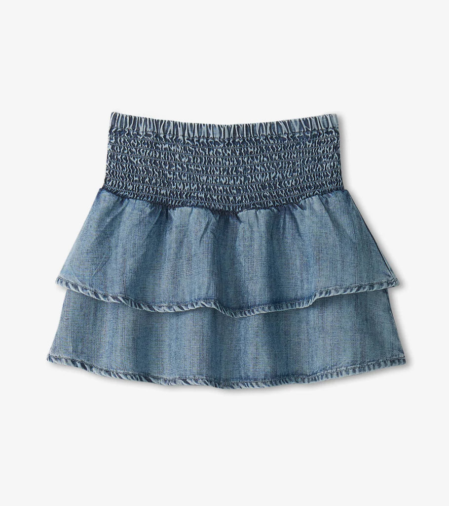 Tencel Smocked Skirt in Blue Acid Rinse