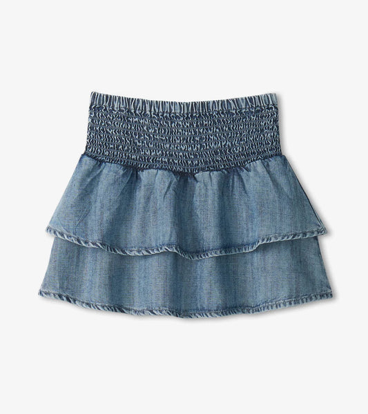 Tencel Smocked Skirt in Blue Acid Rinse