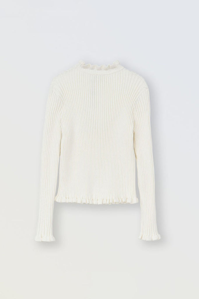 Girls Off White Ribbed Ruffled Sweater