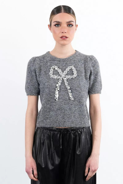 Sequin Bow Knitted Sweater - Ash Grey