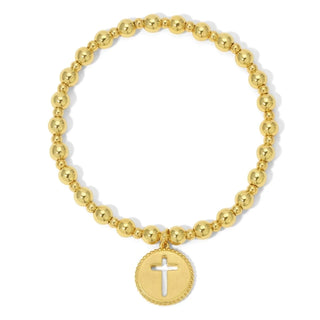 Beaded Stretch Bracelet with Cross Charm Gold