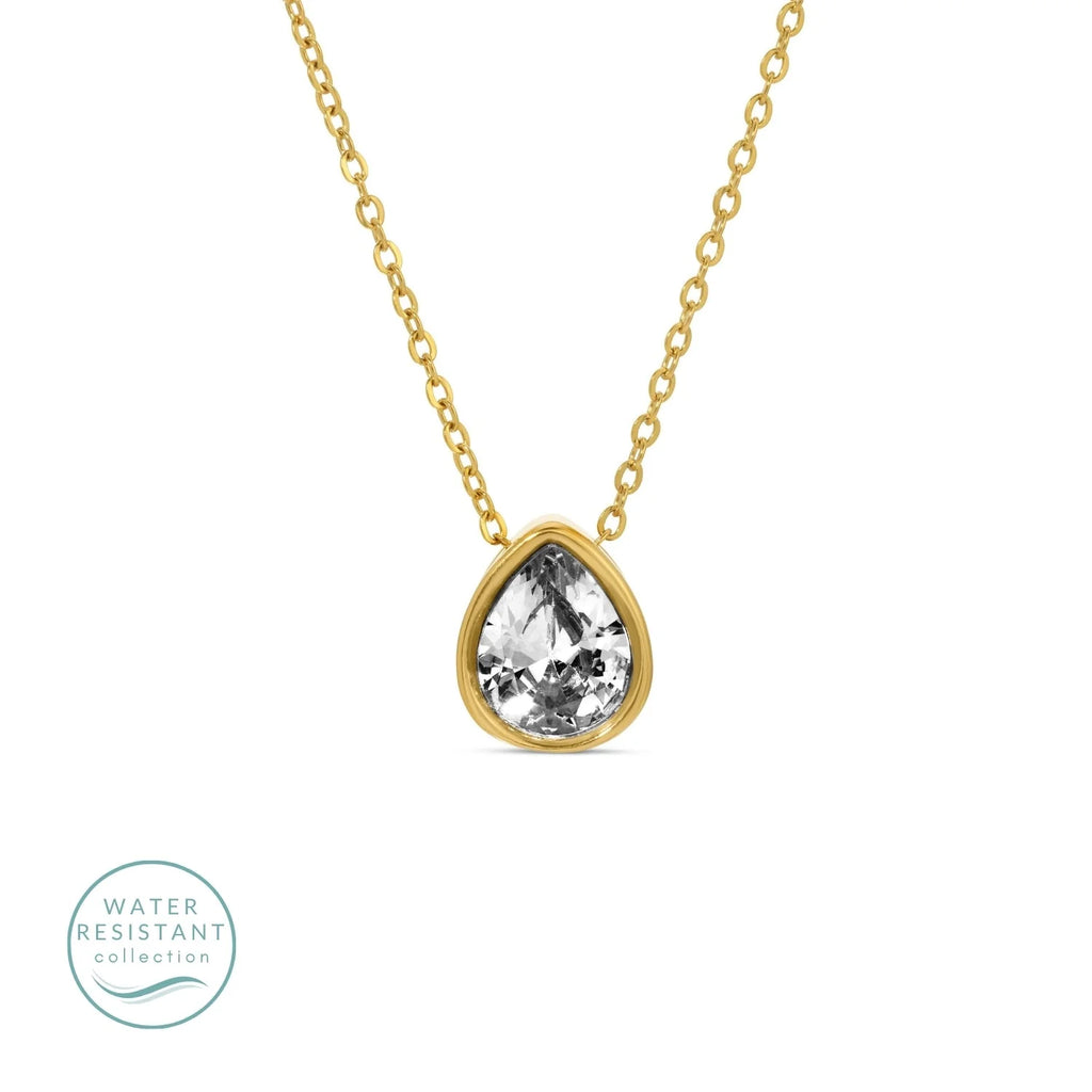 Large CZ Teardrop Pendant Necklace - Water Resistant