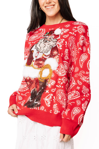 Red & White Paisley Print Cowboy Santa Sweater