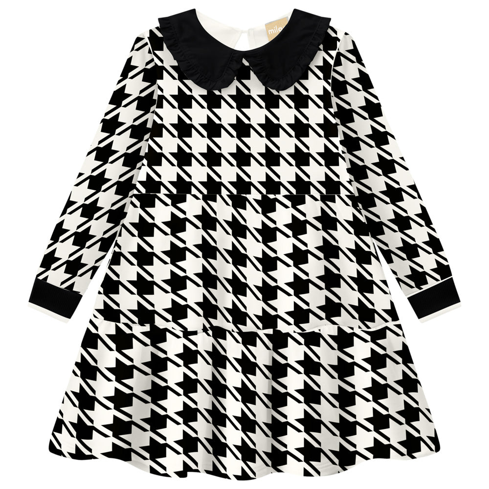 Girls Houndstooth Collared Long Sleeve Dress