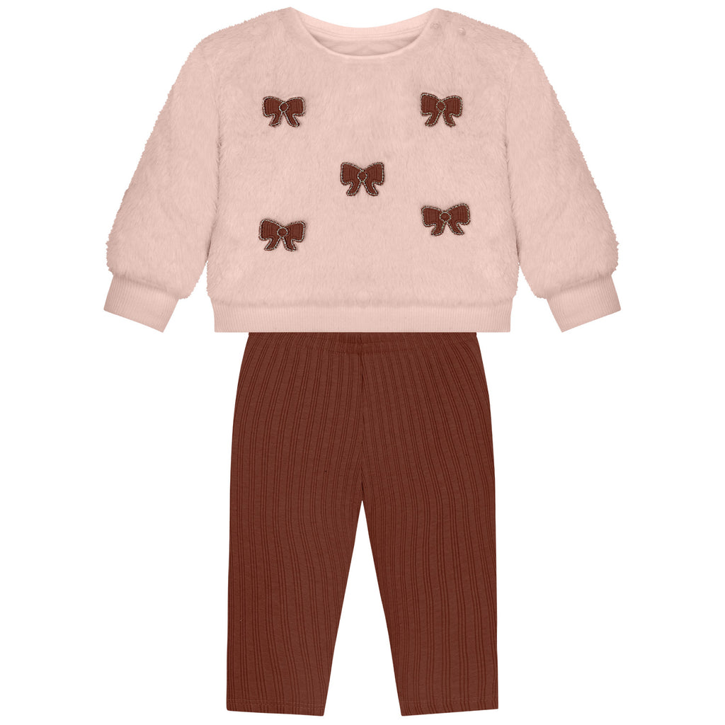 Girls Bow Faux Fur Sweatshirt & Pant Set