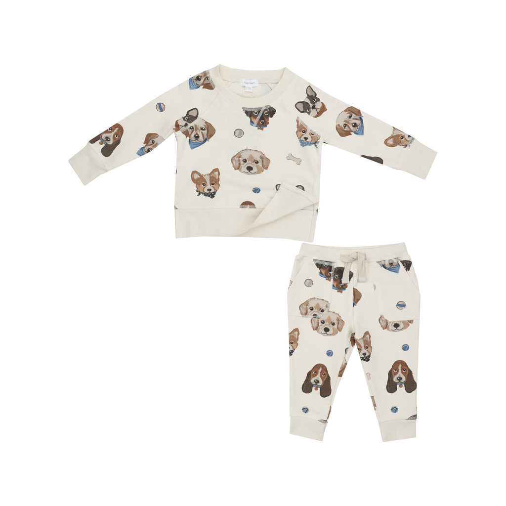 French Terry Vintage Puppy Faces Raglan Sweatshirt and Jogger Set