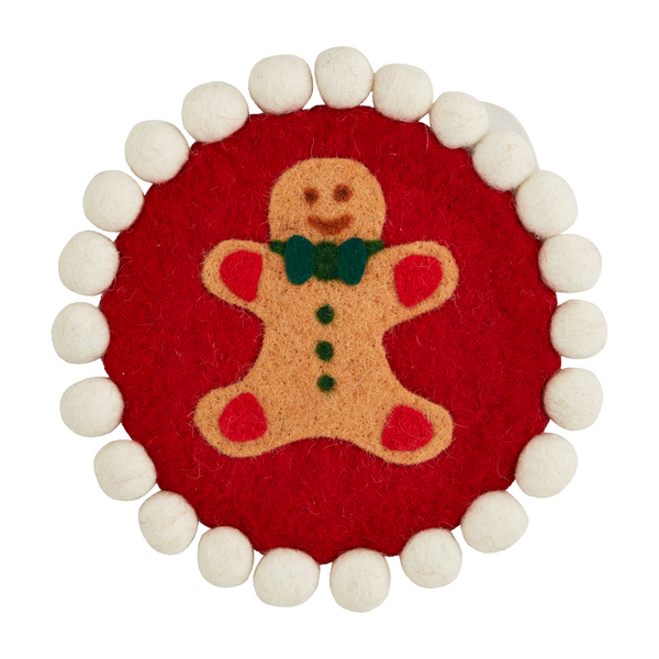 Gingerbread Man Felt Wool Pom Trivet