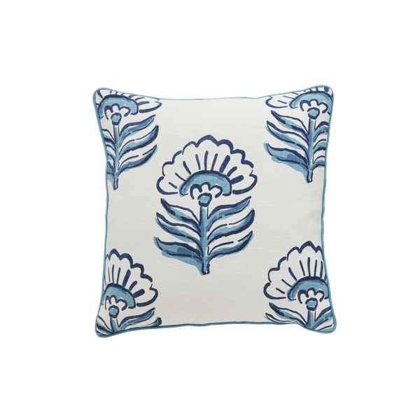 Large Floral Block Print Blue Pillow 20"x20"