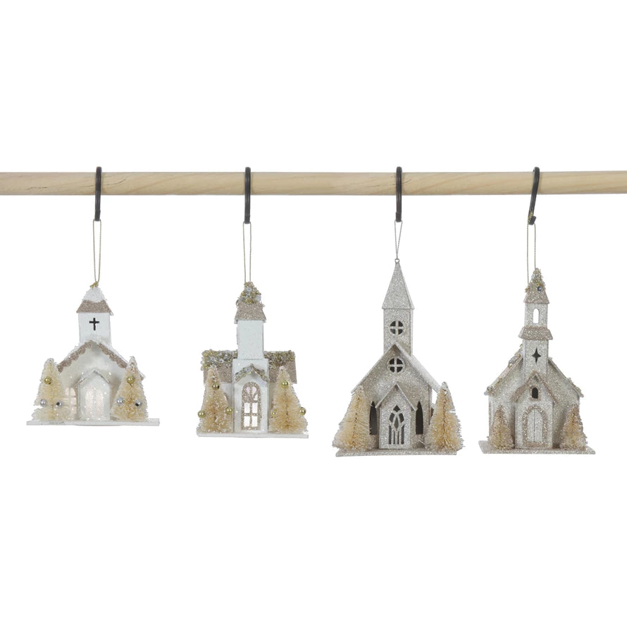 Paper Church Ornament w/Faux Trees & LED