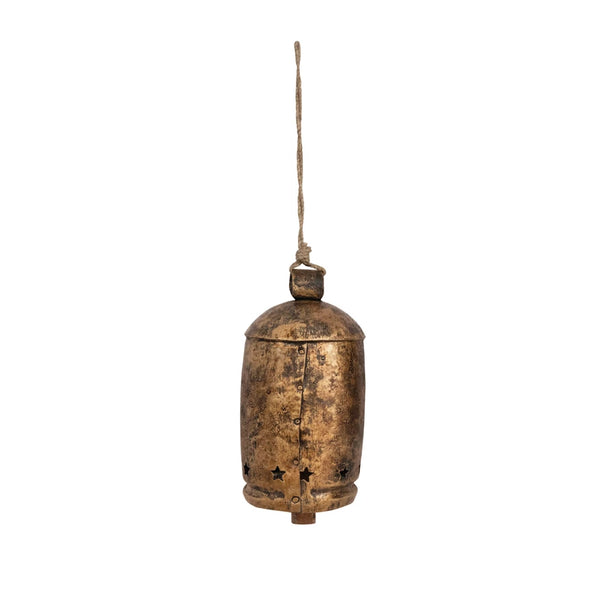 Large Metal Bell on Jute Rope w/Star Cut-Outs