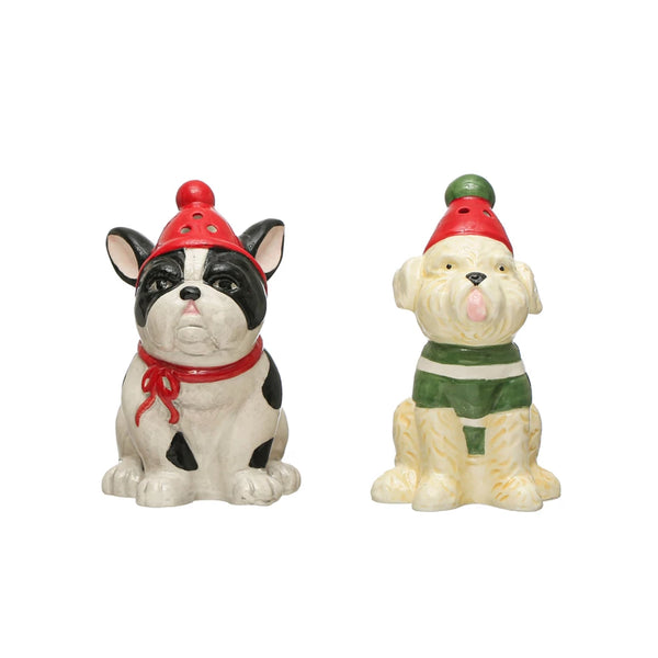 Hand-Painted Ceramic Dog Salt & Pepper Shakers w/ Winter Hats, Multi Color, Set of 2