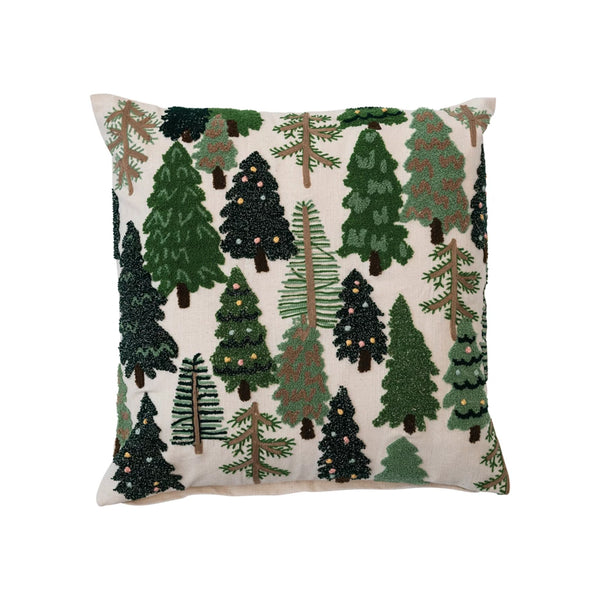 Square Cotton Slub Embroidered Pillow w/ Trees & French Knots