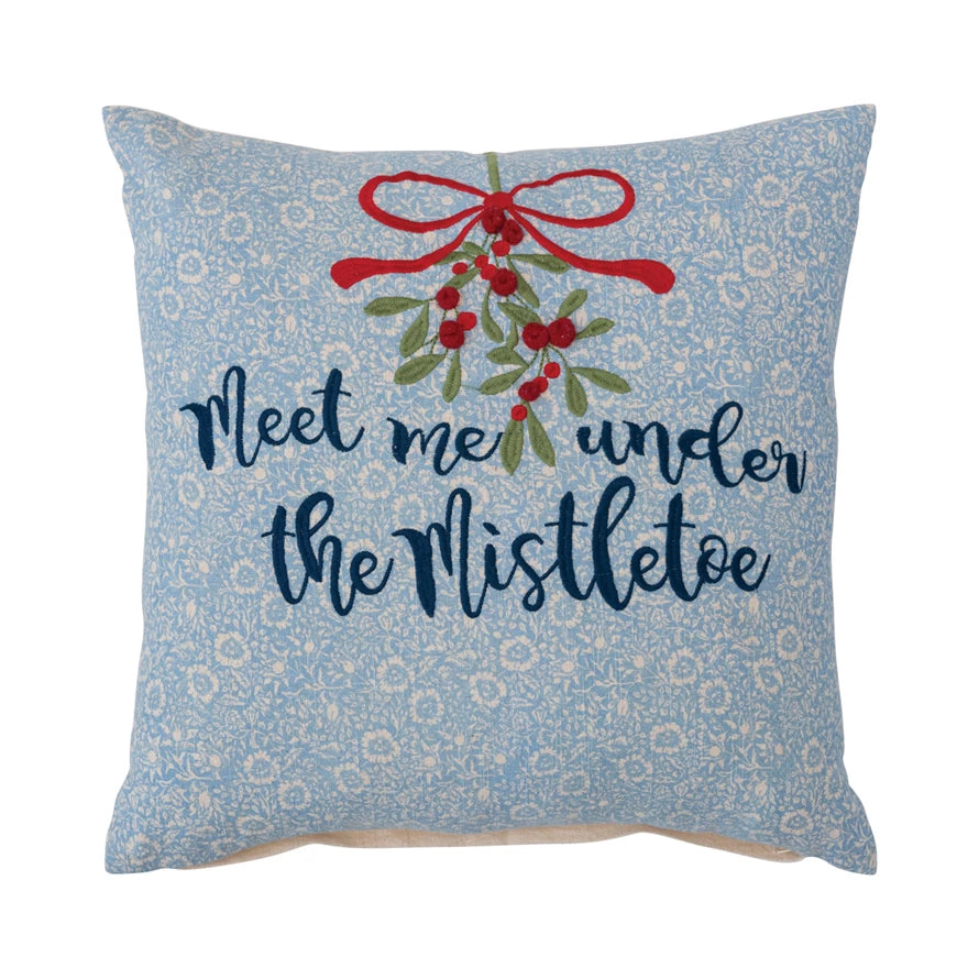Pillow w/ Mistletoe, Embroidery & Pom Poms