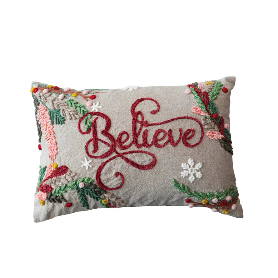 Cotton Chambray Embroidered Lumbar Pillow