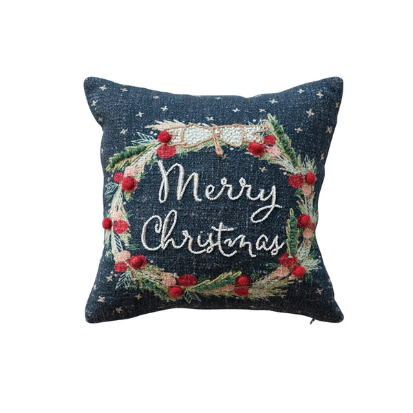 12" Square Cotton Printed Pillow w/ Wreath, Embroidery, Beads & Pom Poms