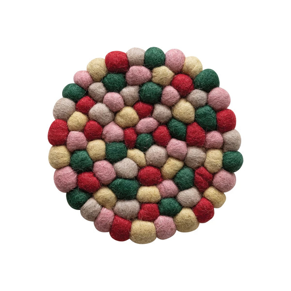 Round Handmade Wool Felt Ball Trivet, Multi Color