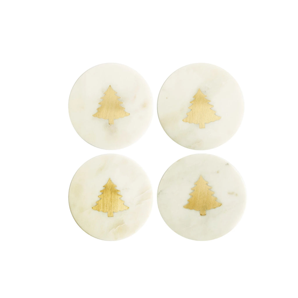 White Marble Coaster w/Brass Tree Inlay Set