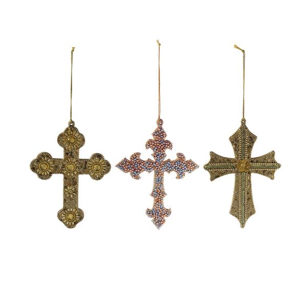 Handmade Acrylic Bead & MDF Cross Ornament w/ Glitter & Jewels, 3 Styles