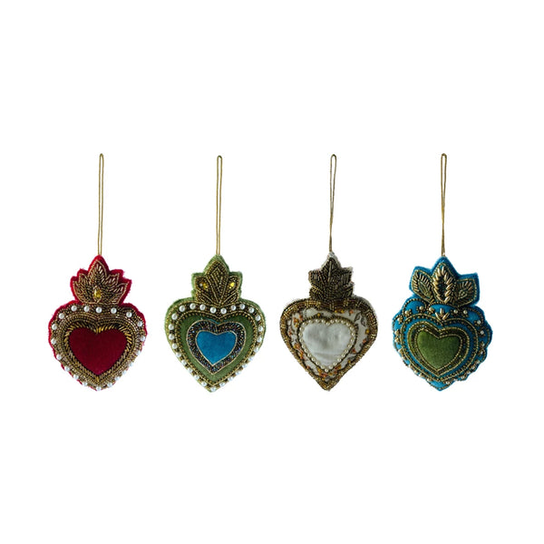 Handmade Beaded Velvet Fabric Sacred Heart Ornament, 4 Styles