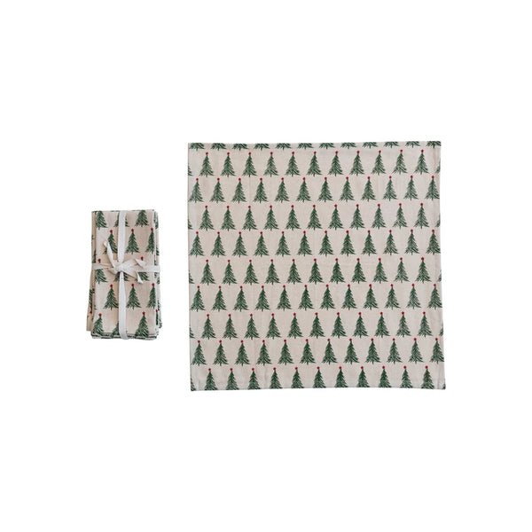 Stonewashed Cotton Printed Napkins w/ Christmas Tree Pattern