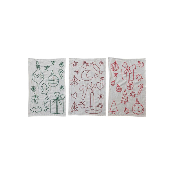 Woven Cotton & Linen Tea Towel w/ Embroidered Holiday Icons