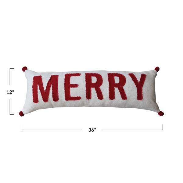 36"L x 12"H Woven Cotton Lumbar Pillow w/ Appliqued "Merry" & Pom Poms, Red & White