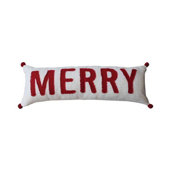 36"L x 12"H Woven Cotton Lumbar Pillow w/ Appliqued "Merry" & Pom Poms, Red & White