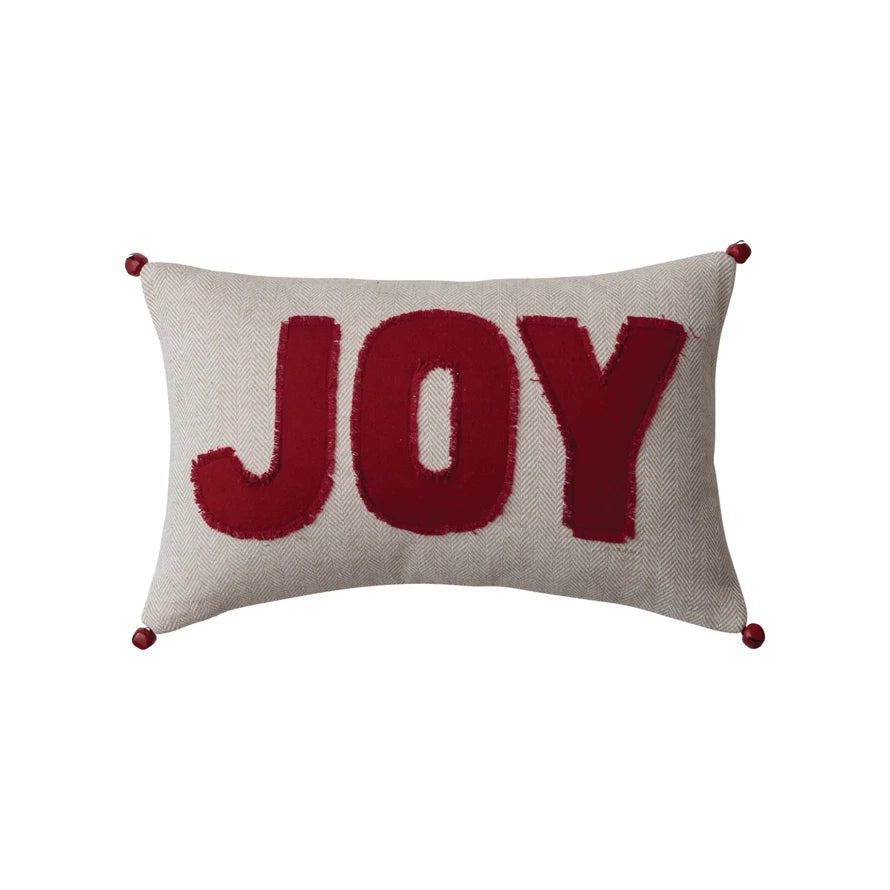 16"L x 10"H Woven Cotton Lumbar Pillow w/ Appliqued "Joy" & Jingle Bells