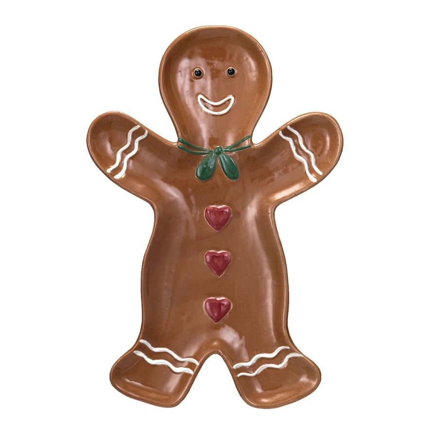 Stoneware Gingerbread Man Shaped Platter w/ Heart Buttons