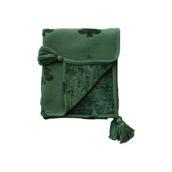 Woven Cotton Blend Jacquard Throw w/ Trees & Tassels, Green