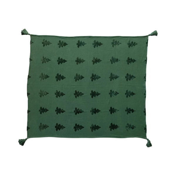 Woven Cotton Blend Jacquard Throw w/ Trees & Tassels, Green