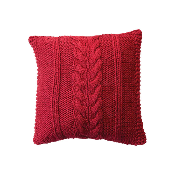 20" Square Hand-Woven Acrylic & Cotton Slub Cable Knit Pillow, Red