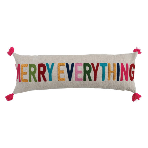 "Merry Everything" Embroidered Cotton & Linen Lumbar Pillow