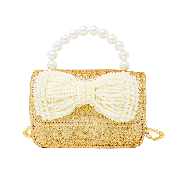 Glitter Pearl Handle Bow Bag Gold