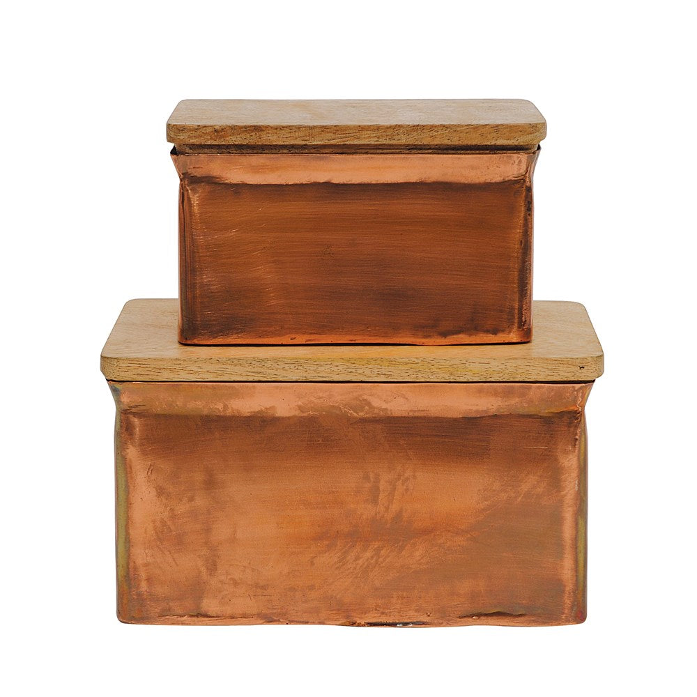 Metal Box w/ Wood Lid, Copper Finish