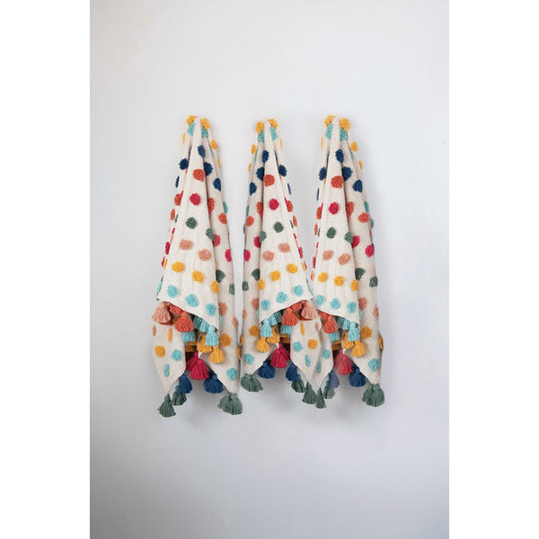 Woven Cotton Throw w/ Tufted Dots & Tassels, Multi Color