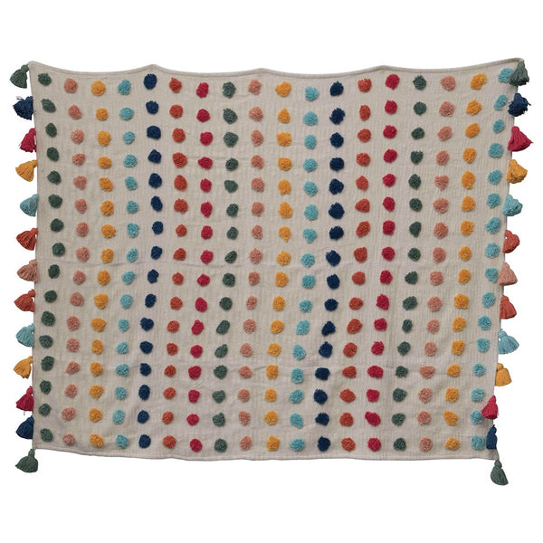 Woven Cotton Throw w/ Tufted Dots & Tassels, Multi Color